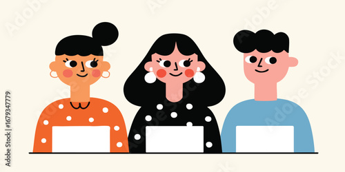 Three cheerful individuals, brimming with optimism, gather, their welcoming faces conveying an infectious sense of camaraderie.