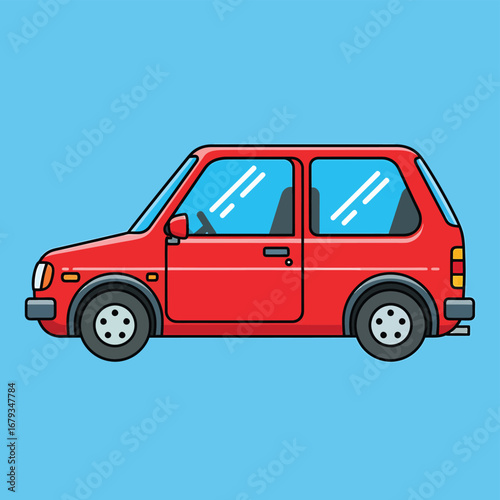 Vibrant red vintage car driving smoothly on a clear blue day, perfect for travel.