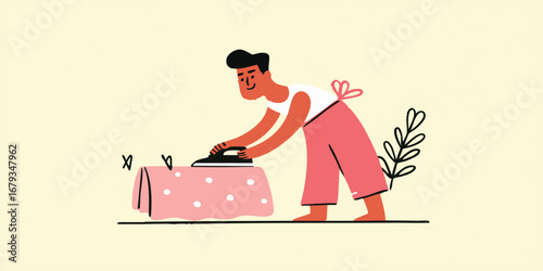 A cheerful person irons clothes, showing the essence of homemaking, household chore and everyday life. Simple illustration showing simplicity in the middle of joy. 