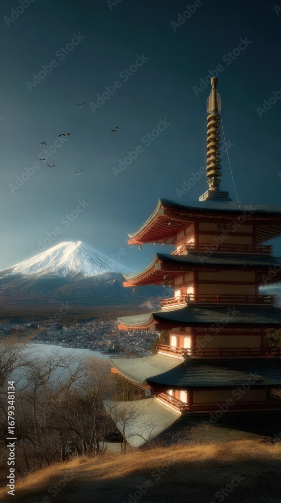 Fototapeta premium Serene Landscape of a Japanese Pagoda with Majestic Mountain Views in the Background on a Sunny Day