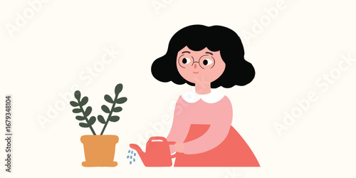 A charming illustration captures a woman nurturing a potted plant with care, reflecting a moment of quiet contemplation, with a palette of soft colors, embodying tranquility, and a love for nature.