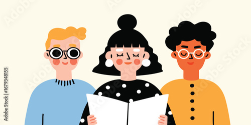 A group of three individuals sharing an open book in a vibrant illustrative style. Depicting friendship, camaraderie, and shared interest, this graphic is an ideal visual for storytelling, reading.