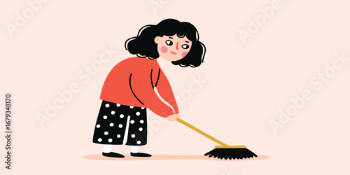 An illustration depicts a young woman diligently sweeping the floor with a broom, representing the everyday task of tidying and cleanliness in a minimalist, cartoonish style.