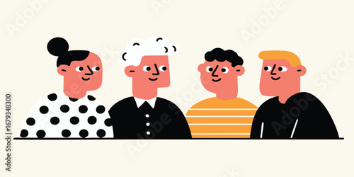 Four diverse individuals are depicted in a modern and simple illustration, each with distinct features. The artwork showcases a sense of community and togetherness.