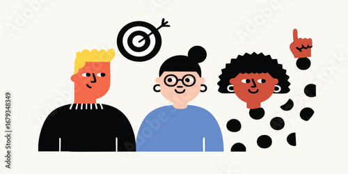 Three diverse individuals collaborate on a shared goal, using their combined knowledge. An illustration that captures the essence of teamwork and unified goals, emphasizing collaboration and success.