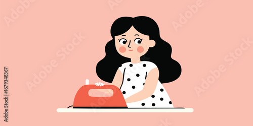 A smiling woman with black wavy hair ironing clothes.