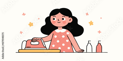 A young woman meticulously irons clothes, showcasing a dedication to domesticity and self-care. A simple yet charming depiction of daily routines and habits.