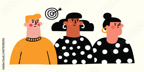 A determined trio, representing a diverse group, stands united, their gaze fixed on a target symbolizing goals and aspirations.
