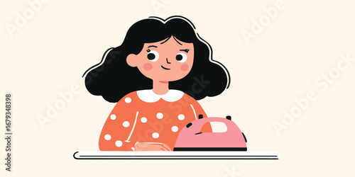 A young woman, with a playful expression, is focused on ironing with a modern iron board set in front of her, perfectly representing the act of domesticity and care.