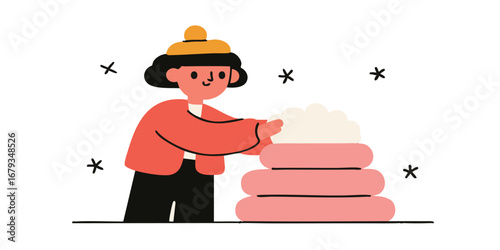 A delightful illustration captures a person skillfully building a tower of pink blocks. This joyful scene embodies creativity and the fun of constructing something from scratch. 