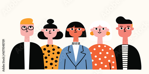 A stylish ensemble of modern individuals, presenting a diverse group, fostering inclusivity and creativity, representing the essence of collaboration and shared purpose.