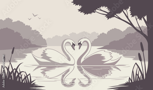 A pair of white swans forming a heart shape with their necks on a calm lake, surrounded by soft morning fog, romantic and cinematic composition, high-resolution, stock photography style."