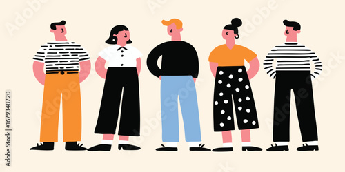 A group of individuals, exuding stylish poise in a vibrant illustration, stand shoulder-to-shoulder, unified in a graphic composition.  