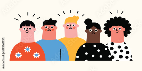 A cheerful illustration of a diverse group of individuals standing side by side, radiating positivity and inclusivity, embracing a celebration of community, unity, and togetherness.