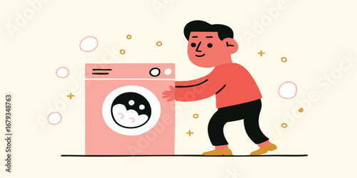 A cartoon man interacting with a washing machine. It's an artistic representation of a common household chore. 