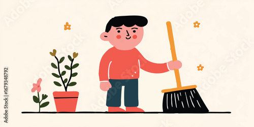 A cheerful illustration shows a person tidying with a broom alongside potted plant and flowers, symbolizing cleanliness and a pleasant home environment.