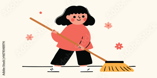 A cheerful illustration depicts a person engaging in the act of cleaning, using a broom to tidy up an area, creating a sense of cleanliness and order.