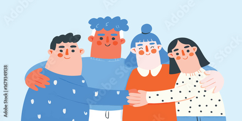A heart warming cartoon capturing the essence of friendship and camaraderie. Two couples are embracing. This image evokes feelings of warmth, connection, and the joy of togetherness.