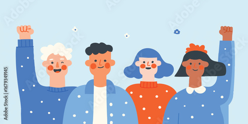 An illustration of diverse group with arms up for solidarity and support and expressing emotions like joy and happiness.
