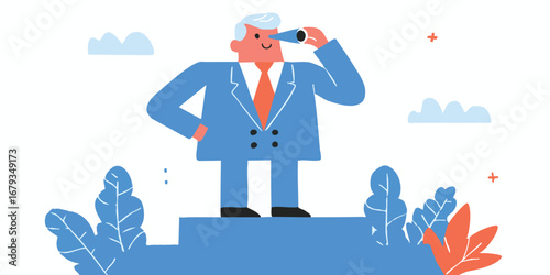A determined leader gazes through a telescope, envisioning the future with strategic foresight and an optimistic outlook.