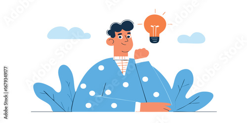 A lightbulb illuminates above a man. A bright, orange lightbulb sparking ideas and innovation.
