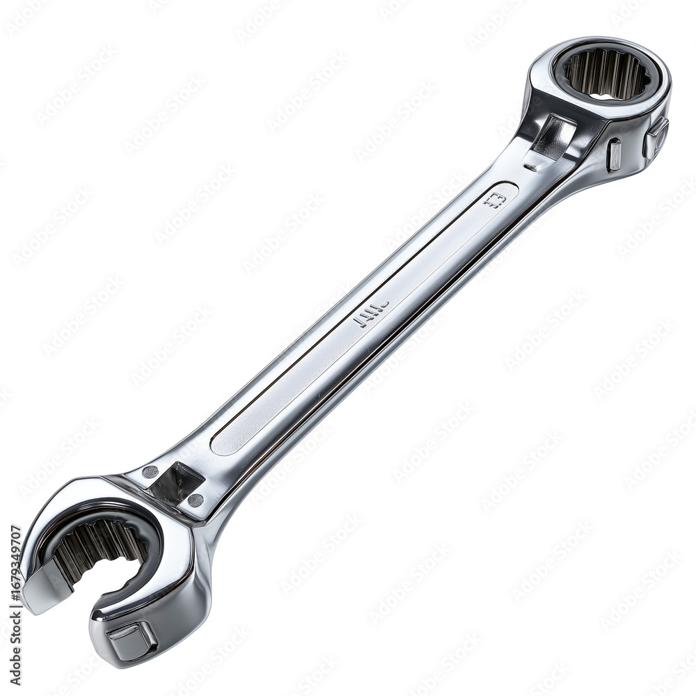 Obraz premium Ratchet wrench tool, shiny metal hand tool with open and closed ends, mechanical repair equipment for tightening or loosening bolts, isolated on transparency background