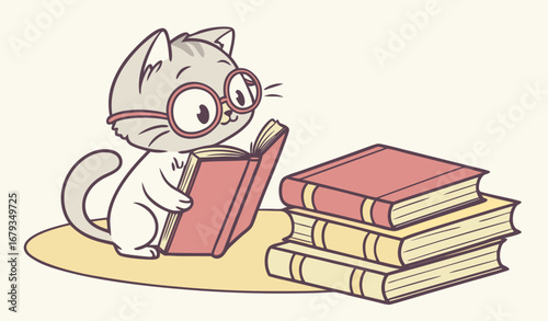 A tiny kitten wearing oversized round glasses, sitting on a stack of colorful books, soft studio lighting, ultra-detailed fur, photorealistic, cinematic composition, adorable and funny stock photo sty