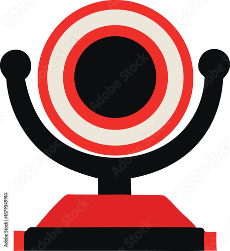 Modern webcam with red base and circular target design on a simple stand for computer communication and online meetings