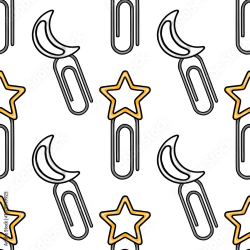 Seamless vector pattern featuring whimsical crescent moon and star shapes adorning paper clips, creating a playful and stylish design ideal for stationery or childrens products.