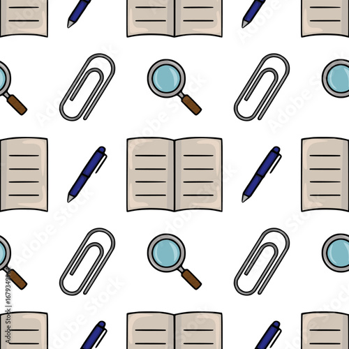 Seamless vector pattern of office supplies: a playful illustration featuring a repeating design of pens, paper clips, notebooks, and magnifying glasses in a hand-drawn style.