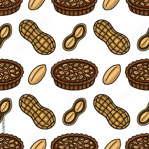 Seamless vector pattern of delicious peanut butter tarts and peanuts in shell, perfect for packaging, textile, or culinary designs.