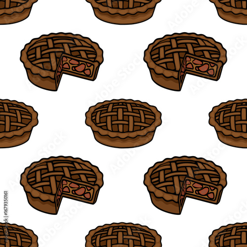 Seamless vector pattern of delicious brown pies with lattice crust, some showing a slice removed, creating a charming and appetizing design perfect for autumnal or bakery-themed projects.