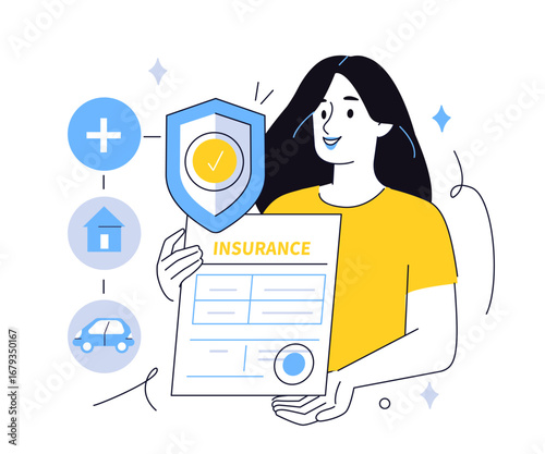 Woman use various insurance services to buy full coverage policy for building, vehicle, life. Insured persons or business concept. Vector illustration.
