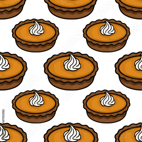 A delightful vector seamless pattern featuring charming mini pumpkin pies topped with swirls of whipped cream, creating a sweet and appetizing design perfect for autumnal projects.
