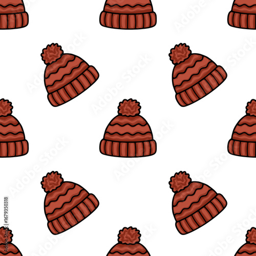 Seamless vector pattern of hand-drawn brown knitted winter hats with pom-poms on a white background, featuring a playful, cartoonish style ideal for textile design or winter-themed projects.
