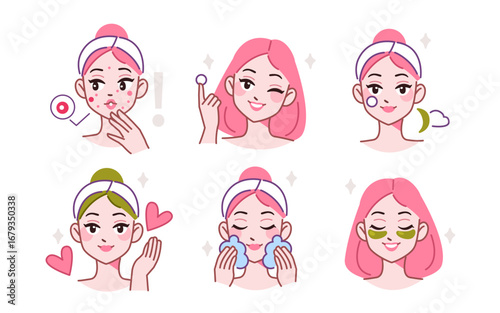 Cute k-pop girl character using facial cleanser, pimple patch and other skin care products. Beauty and fashion trendy doodle cartoon concept set. Vector illustration. 