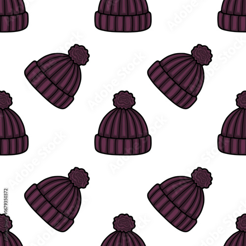 Seamless vector pattern of stylish maroon knitted winter hats with pom-poms, arranged in a scattered, dynamic composition against a clean white background, ideal for textile design or winter-themed...
