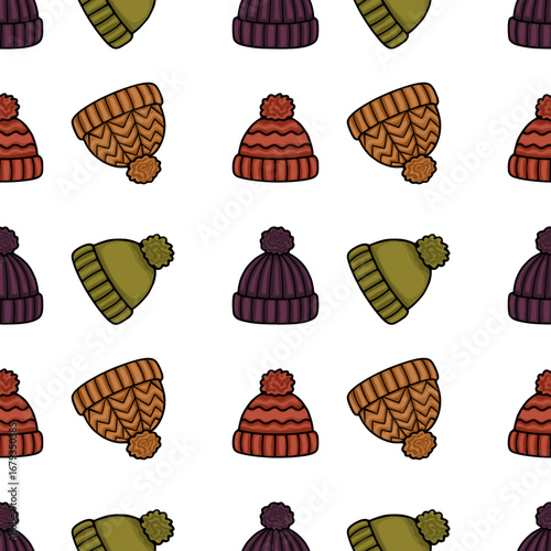 Seamless vector pattern of hand-drawn winter beanies in autumnal colors, featuring various styles with and without pom-poms, perfect for textile design or seasonal branding.