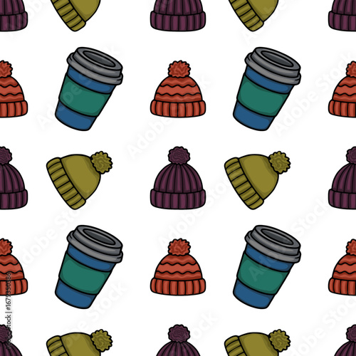 Seamless vector pattern featuring hand-drawn illustrations of cozy winter beanies with pom-poms and disposable coffee cups, creating a cheerful and warm winter vibe.