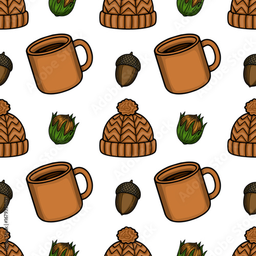 Seamless vector pattern featuring cozy winter objects: a warm knitted hat, a mug of hot drink, acorns, and hazelnuts, creating a charming autumnal or wintery design.