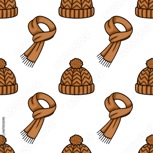 Seamless vector pattern featuring hand-drawn illustrations of brown knitted winter hats with pom-poms and matching scarves, creating a cozy and stylish winter textile design.