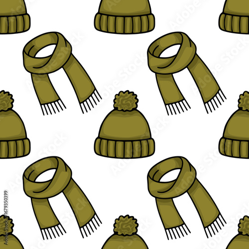 Seamless vector pattern featuring olive green knitted hats with pom-poms and matching scarves, designed in a hand-drawn style for winter fashion textile prints.