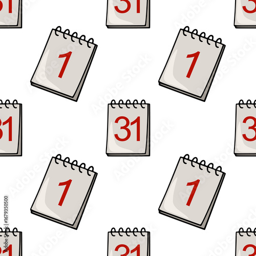 Seamless vector pattern of hand-drawn calendar pages featuring the numbers 1 and 31 in a playful, slightly tilted arrangement, creating a dynamic and repeating design ideal for planning or time...
