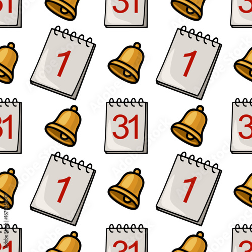 Seamless vector pattern featuring hand-drawn illustrations of golden bells and calendar pages with the numbers 1 and 31, creating a playful and cheerful design ideal for festive or educational...