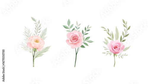 Watercolour flowers. Flower drawing. Wedding watercolor floral decorations. Invitation card, rose, lavender, leaves, botanical drawing