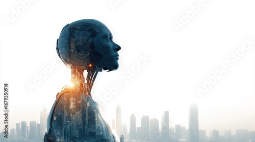 A humanoid robot woman with a city background symbolizing the agentic AI agent using AGI superintelligence for ASI autonomy during the singularity for business success