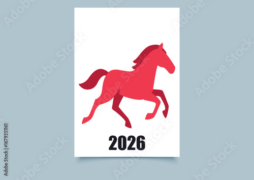 Chinese New Year. Red Running Horse Vector Illustration with 2026 Year. Chinese zodiac, and decorative projects. Symbol of the year according to the Chinese calendar.