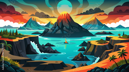 Galápagos volcanic landscapes, Ecuador: black basalt flows, tuff cones, turquoise coves, arched lava cliffs. Sunlit horizons; semi-realistic flat vector arrangement with strong silhouettes, atmospheri