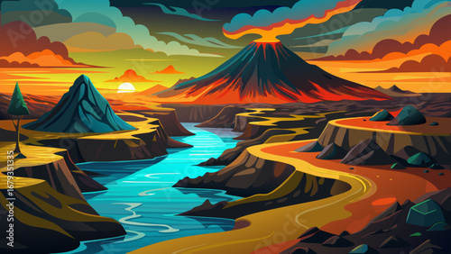 Galápagos volcanic landscapes, Ecuador: black basalt flows, tuff cones, turquoise coves, arched lava cliffs. Sunlit horizons; semi-realistic flat vector arrangement with strong silhouettes, atmospheri