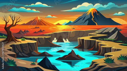 Galápagos volcanic landscapes, Ecuador: black basalt flows, tuff cones, turquoise coves, arched lava cliffs. Sunlit horizons; semi-realistic flat vector arrangement with strong silhouettes, atmospheri